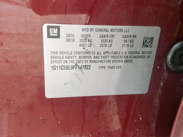 1G11C5SL9FF147822 - 2015 CHEVROLET MALIBU 1LT 勃艮第红 照片 10