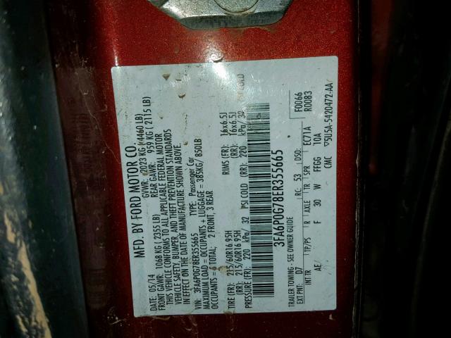 3FA6P0G78ER355665 - 2014 FORD FUSION S RED photo 10