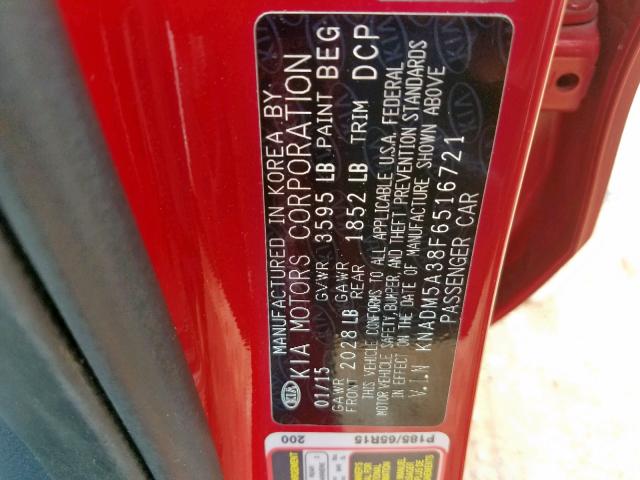 KNADM5A38F6516721 - 2015 KIA RIO LX RED photo 10