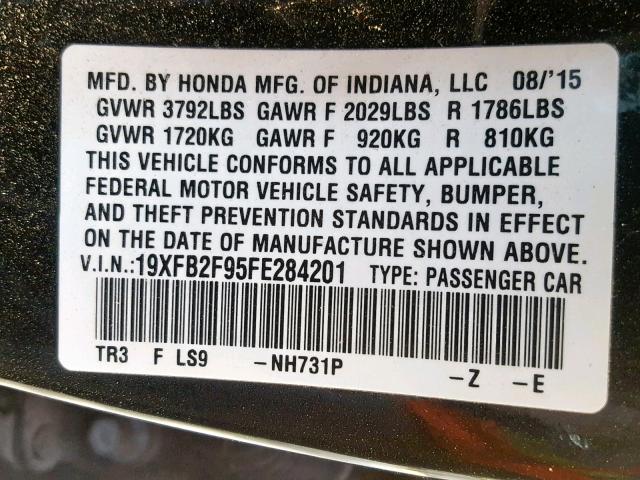 19XFB2F95FE284201 - 2015 HONDA CIVIC EXL 黑色 照片 10