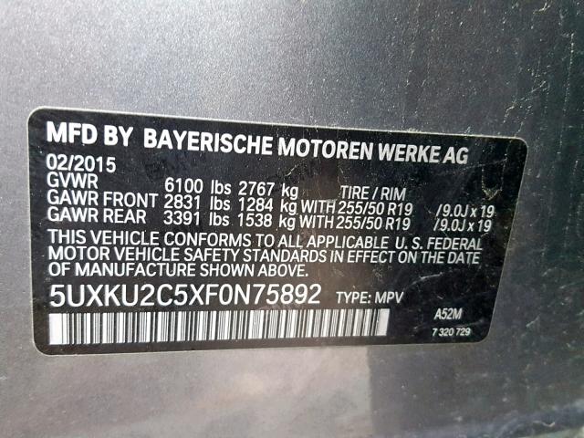 5UXKU2C5XF0N75892 - 2015 BMW X6 XDRIVE3 GRAY photo 10