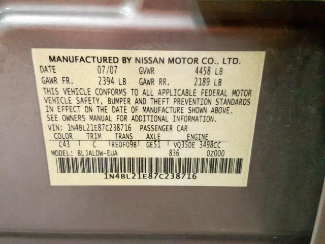 1N4BL21E87C238716 - 2007 NISSAN ALTIMA 3.5 SILVER photo 10