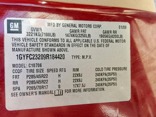 1GYFC23209R184420 - 2009 CADILLAC ESCALADE L MAROON photo 10