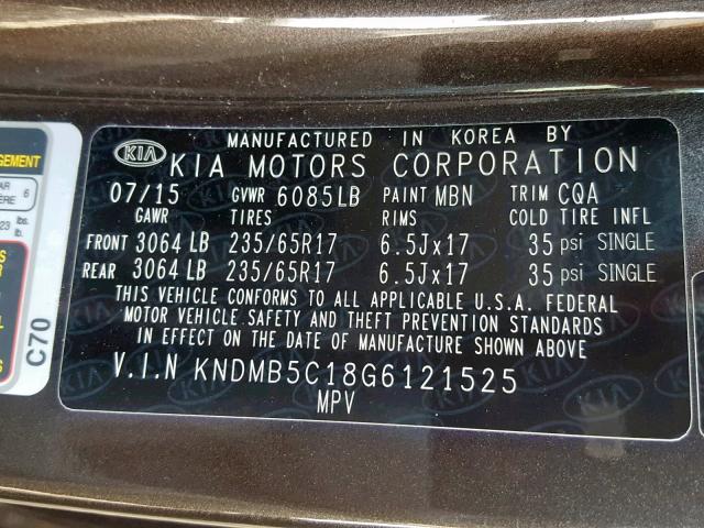 KNDMB5C18G6121525 - 2016 KIA SEDONA LX BROWN photo 10