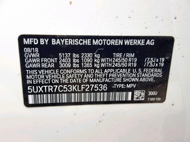 5UXTR7C53KLF27536 - 2019 BMW X3 SDRIVE3 WHITE photo 10