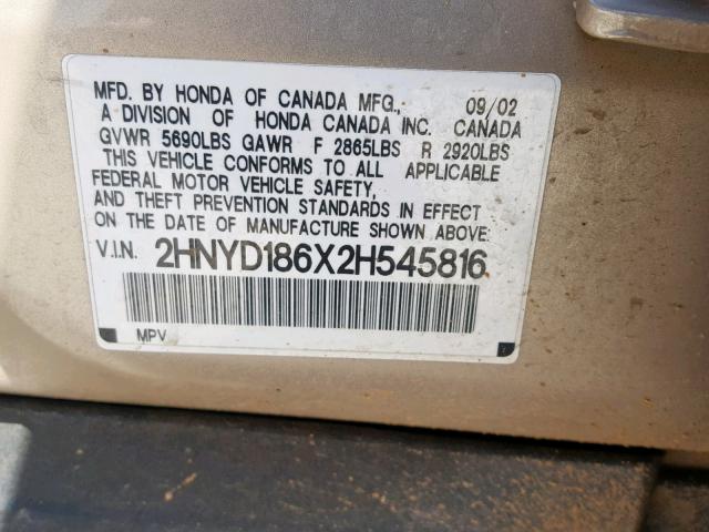 2HNYD186X2H545816 - 2002 ACURA MDX TOURIN TAN photo 10