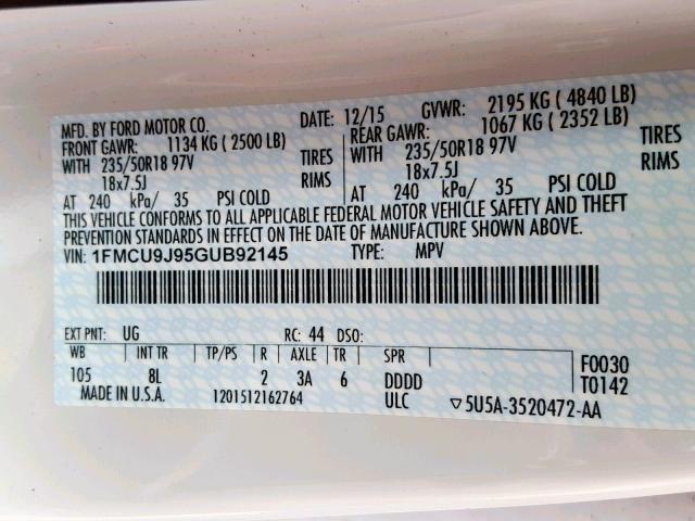 1FMCU9J95GUB92145 - 2016 FORD ESCAPE TIT WHITE photo 10