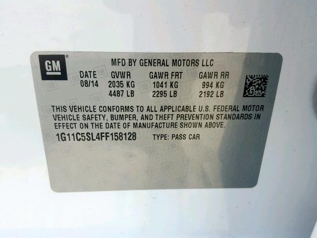 1G11C5SL4FF158128 - 2015 CHEVROLET MALIBU 1LT 白色 照片 10