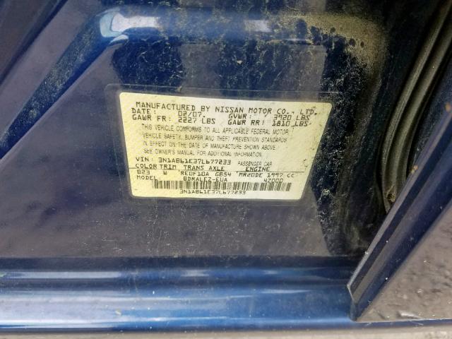 3N1AB61E37L677233 - 2007 NISSAN SENTRA 2.0 BLUE photo 10