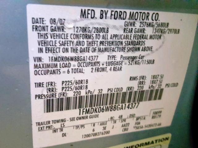 1FMDK06W88GA14377 - 2008 FORD TAURUS X L BLUE photo 10