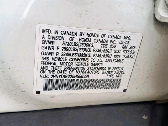 2HNYD18225H559291 - 2005 ACURA MDX WHITE photo 10