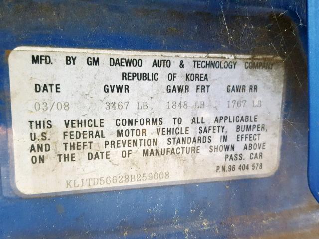 KL1TD56628B259008 - 2008 CHEVROLET AVEO BASE Көк фото 10