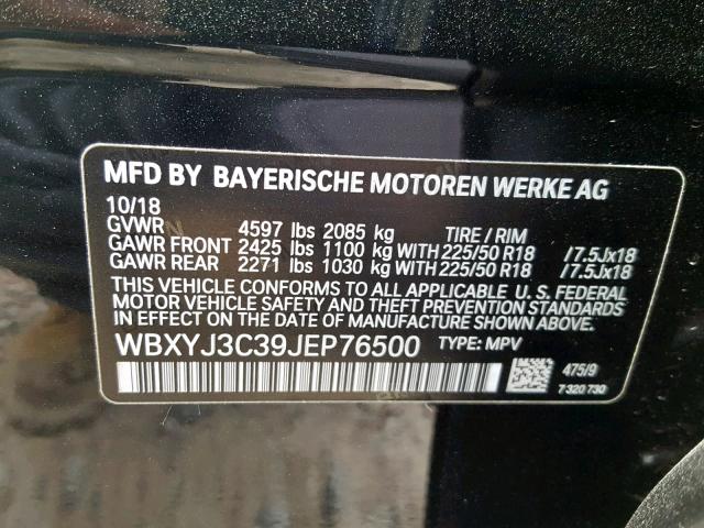 WBXYJ3C39JEP76500 - 2018 BMW X2 SDRIVE2 BLACK photo 10