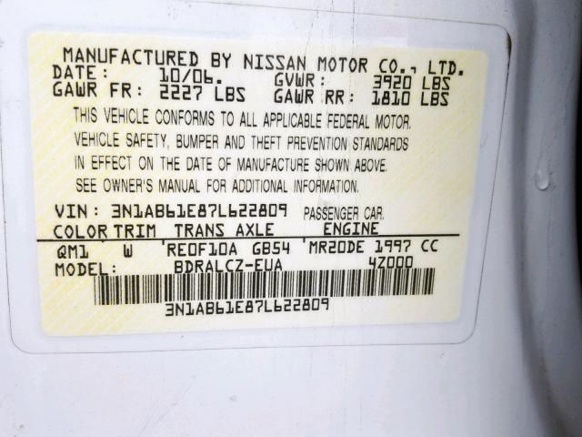 3N1AB61E87L622809 - 2007 NISSAN SENTRA 2.0 WHITE photo 10