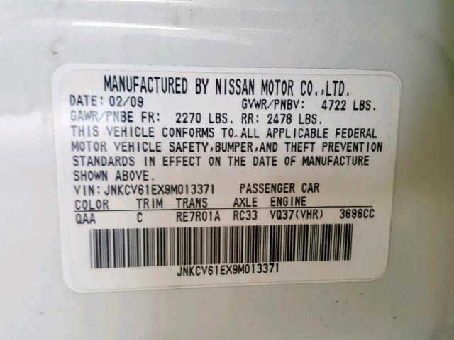 JNKCV61EX9M013371 - 2009 INFINITI G37 BASE WHITE photo 10