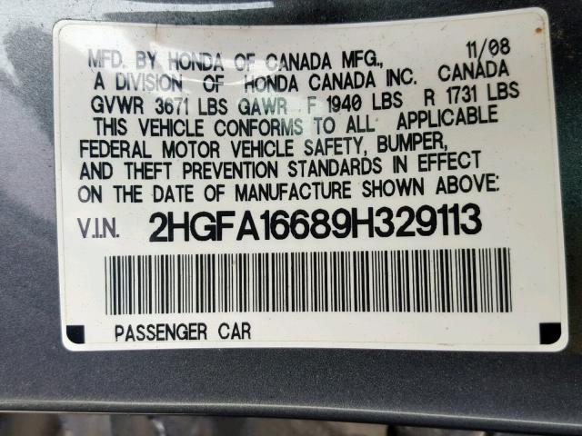 2HGFA16689H329113 - 2009 HONDA CIVIC LX-S Boz foto 10