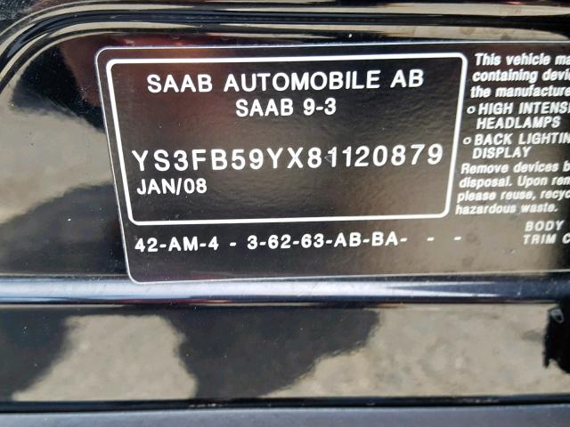 YS3FB59YX81120879 - 2008 SAAB 9-3 2.0T BLACK photo 10