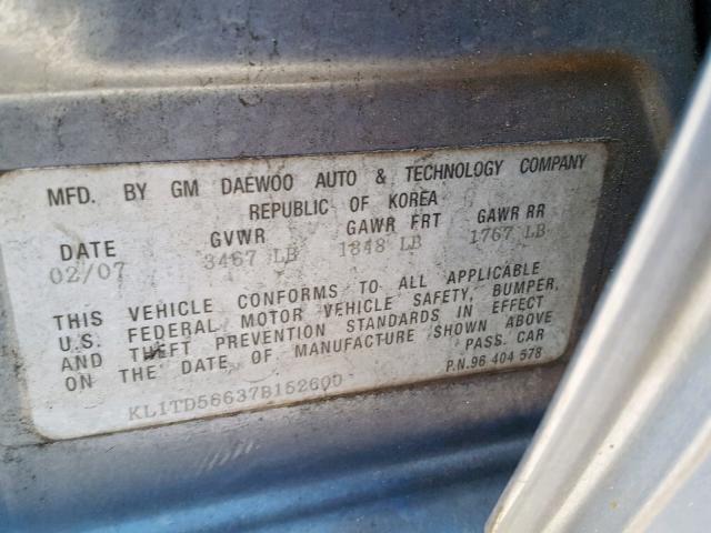 KL1TD56637B152600 - 2007 CHEVROLET AVEO BASE ლურჯი ფოტო 10