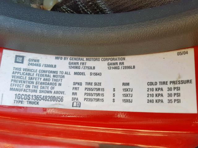 1GCDS136548200056 - 2004 CHEVROLET COLORADO RED photo 10