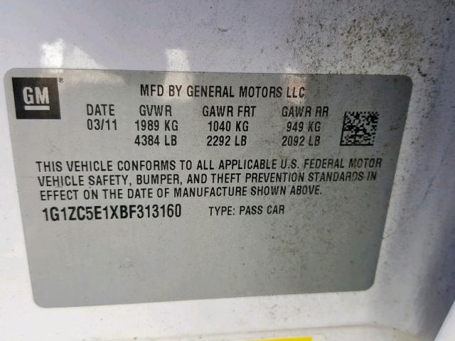 1G1ZC5E1XBF313160 - 2011 CHEVROLET MALIBU 1LT თეთრი ფოტო 10