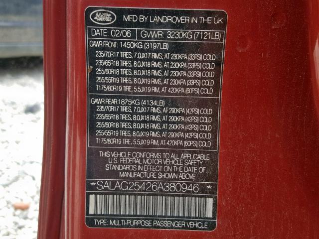 SALAG25426A380946 - 2006 LAND ROVER LR3 HSE RED photo 10