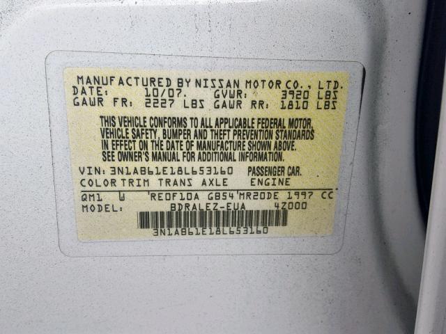 3N1AB61E18L653160 - 2008 NISSAN SENTRA 2.0 WHITE photo 10