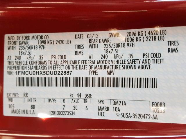 1FMCU0HX5DUD22887 - 2013 FORD ESCAPE SEL RED photo 10