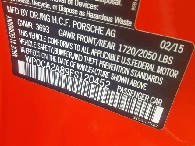 WP0CA2A89FS120452 - 2015 PORSCHE BOXSTER RED photo 10