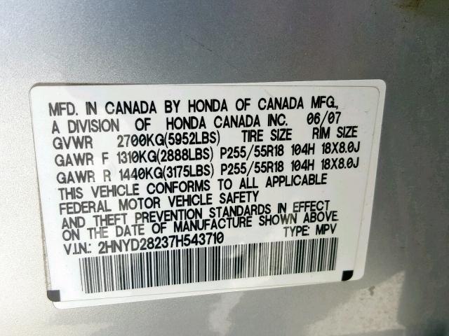 2HNYD28237H543710 - 2007 ACURA MDX SILVER photo 10