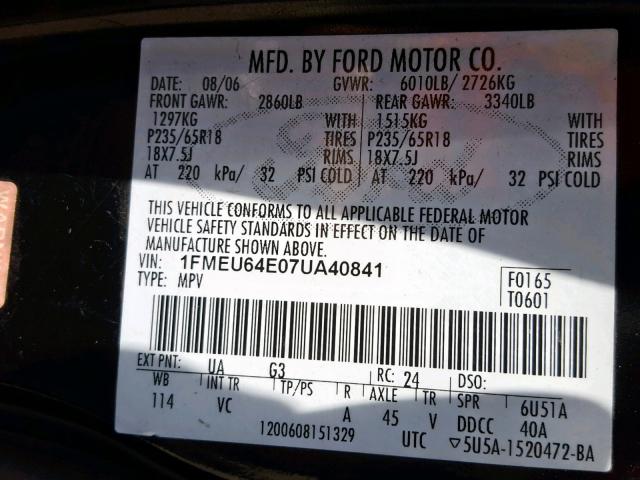 1FMEU64E07UA40841 - 2007 FORD EXPLORER E BLACK photo 10