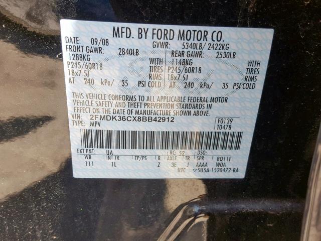 2FMDK36CX8BB42912 - 2008 FORD EDGE SE BLACK photo 10