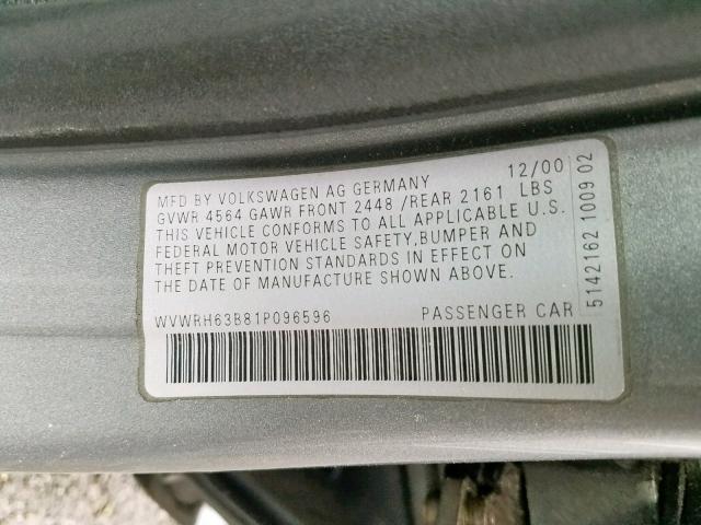 WVWRH63B81P096596 - 2001 VOLKSWAGEN PASSAT GLX GRAY photo 10