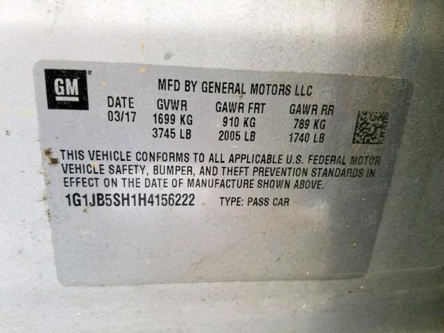 1G1JB5SH1H4156222 - 2017 CHEVROLET SONIC LS 银色 照片 10