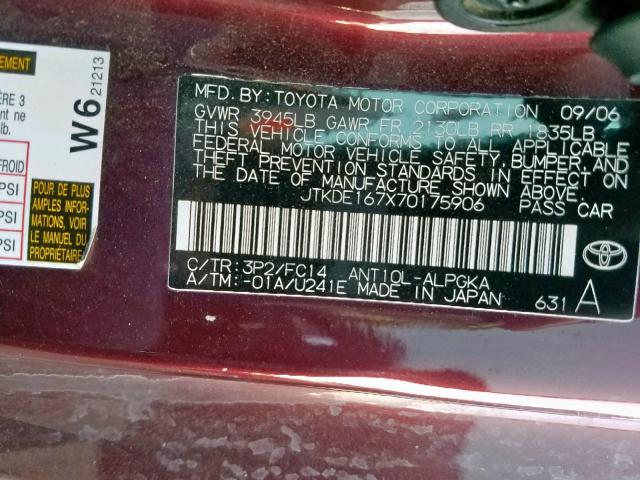 JTKDE167X70175906 - 2007 TOYOTA SCION TC წითელი ფოტო 10