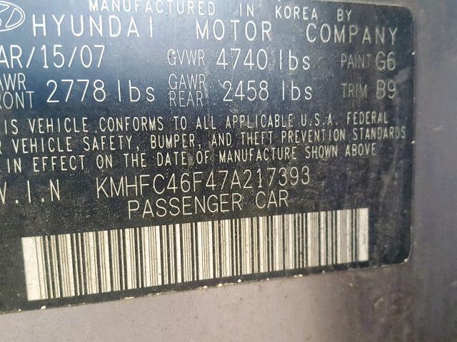 KMHFC46F47A217393 - 2007 HYUNDAI AZERA SE GRAY photo 10