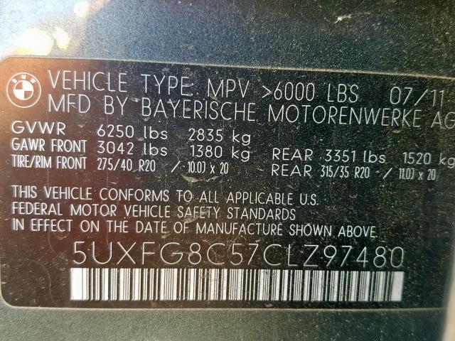 5UXFG8C57CLZ97480 - 2012 BMW X6 XDRIVE5 Vert photo 10