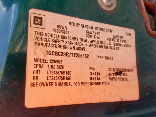 1GCGC29R7TE256162 - 1996 CHEVROLET GMT-400 C2 GREEN photo 10