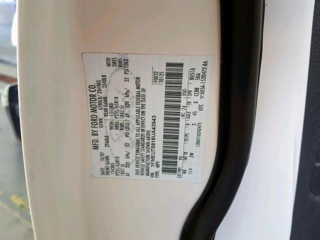 1FMEU75818UA43943 - 2008 FORD EXPLORER L WHITE photo 10