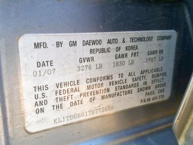 KL1TD66617B772688 - 2007 CHEVROLET AVEO BASE Көк фото 10