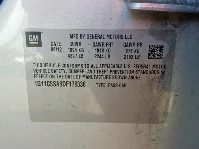 1G11C5SA8DF176336 - 2013 CHEVROLET MALIBU 1LT 银色 照片 10