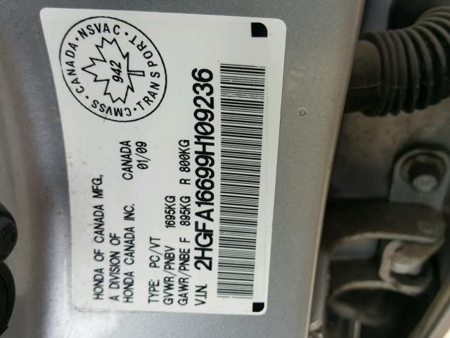 2HGFA16699H109236 - 2009 HONDA CIVIC LX-S SILVER photo 10