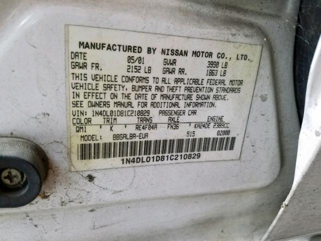 1N4DL01D81C210829 - 2001 NISSAN ALTIMA XE WHITE photo 10