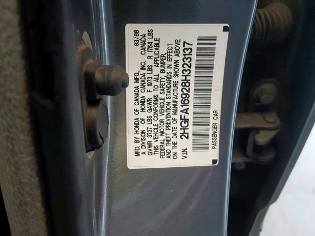 2HGFA16928H323137 - 2008 HONDA CIVIC EXL ნაცრისფერი ფოტო 10