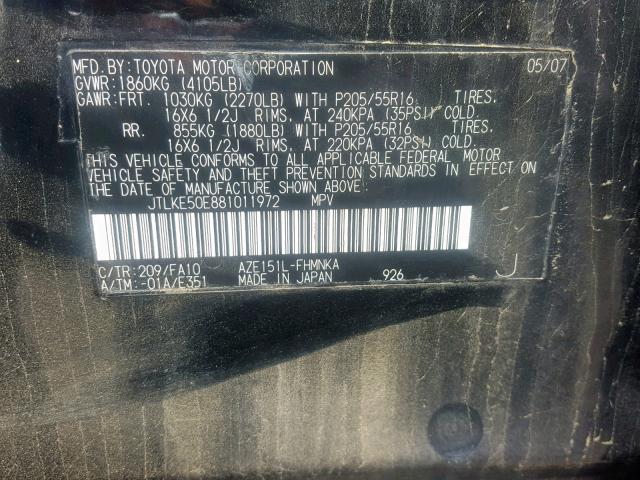 JTLKE50E881011972 - 2008 TOYOTA SCION XB 黑色 照片 10