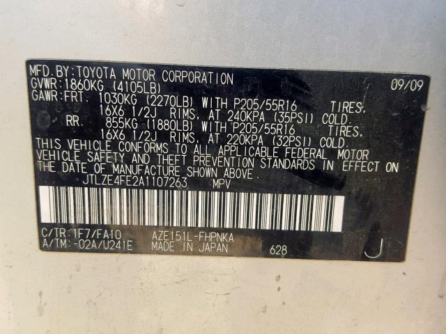 JTLZE4FE2A1107263 - 2010 TOYOTA SCION XB 银色 照片 10