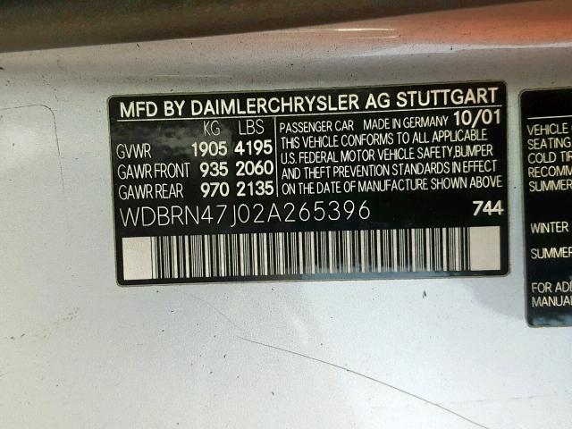 WDBRN47J02A265396 - 2002 MERCEDES-BENZ C 230K SPO SILVER photo 10