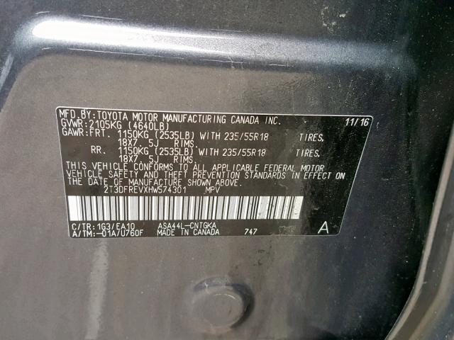 2T3DFREVXHW574301 - 2017 TOYOTA RAV4 LIMIT GRAY photo 10