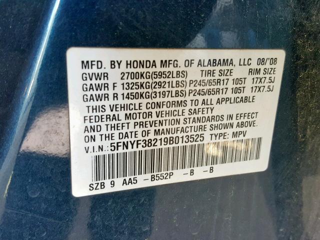 5FNYF38219B013525 - 2009 HONDA PILOT LX BLUE photo 10