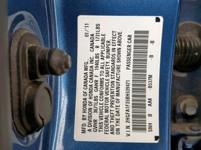 2HGFA1F35BH539471 - 2011 HONDA CIVIC VP BLUE photo 10