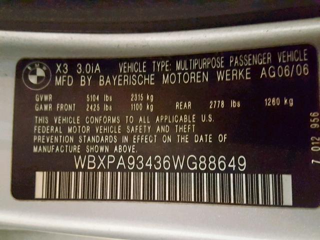 WBXPA93436WG88649 - 2006 BMW X3 3.0I SILVER photo 10